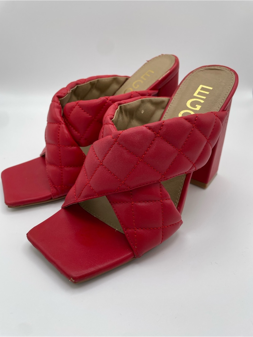 EGO Quilted Red Cross-Band Block Heel Sandals